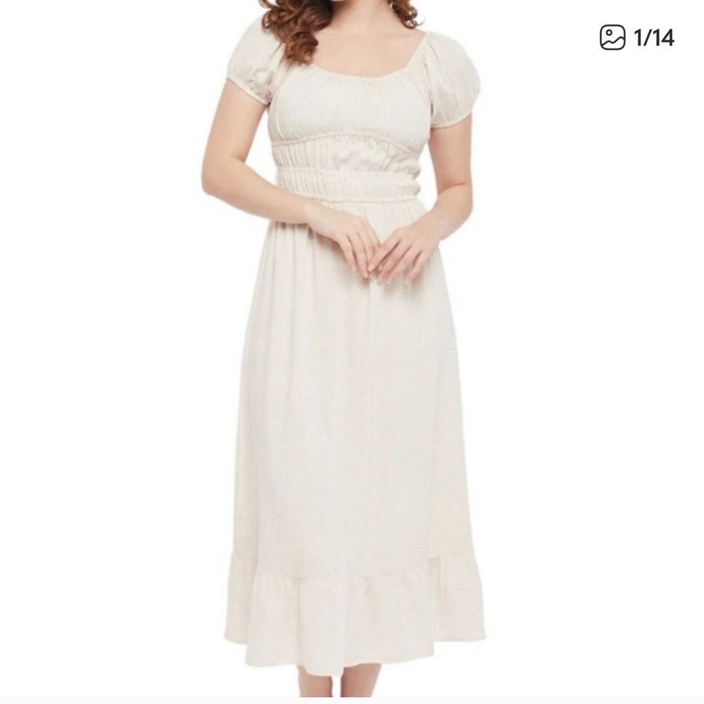 Sim & Sam Cottage Core Shirred Top Ivory‎ Linen Blend Midi Dress Size Medium
